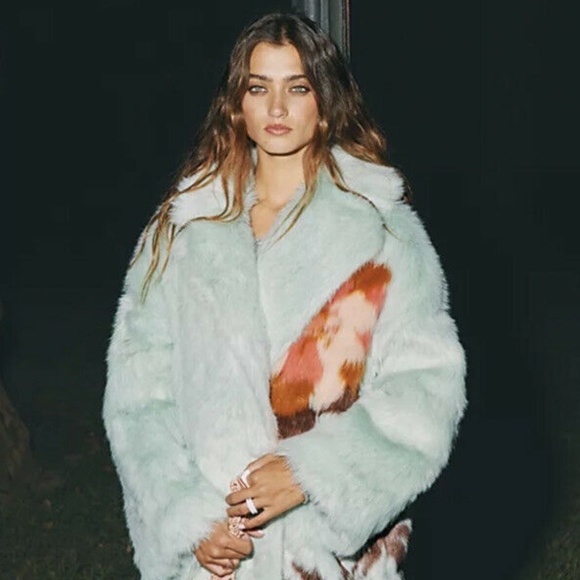 Free People Fluffy Flower Fur Long Coat Floral Blue - Picture 1 of 3